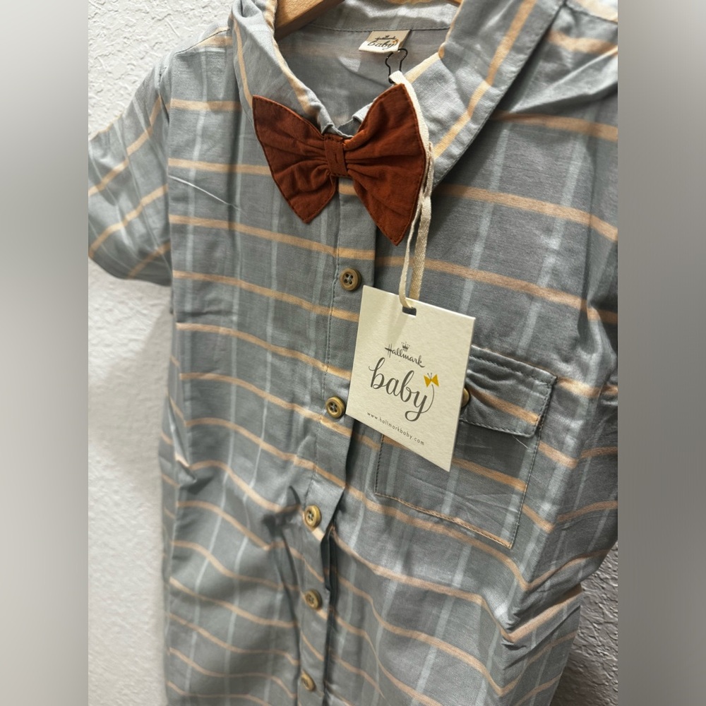 Hallmark Baby Blue Windowpane Check Bow tie Romper 3T